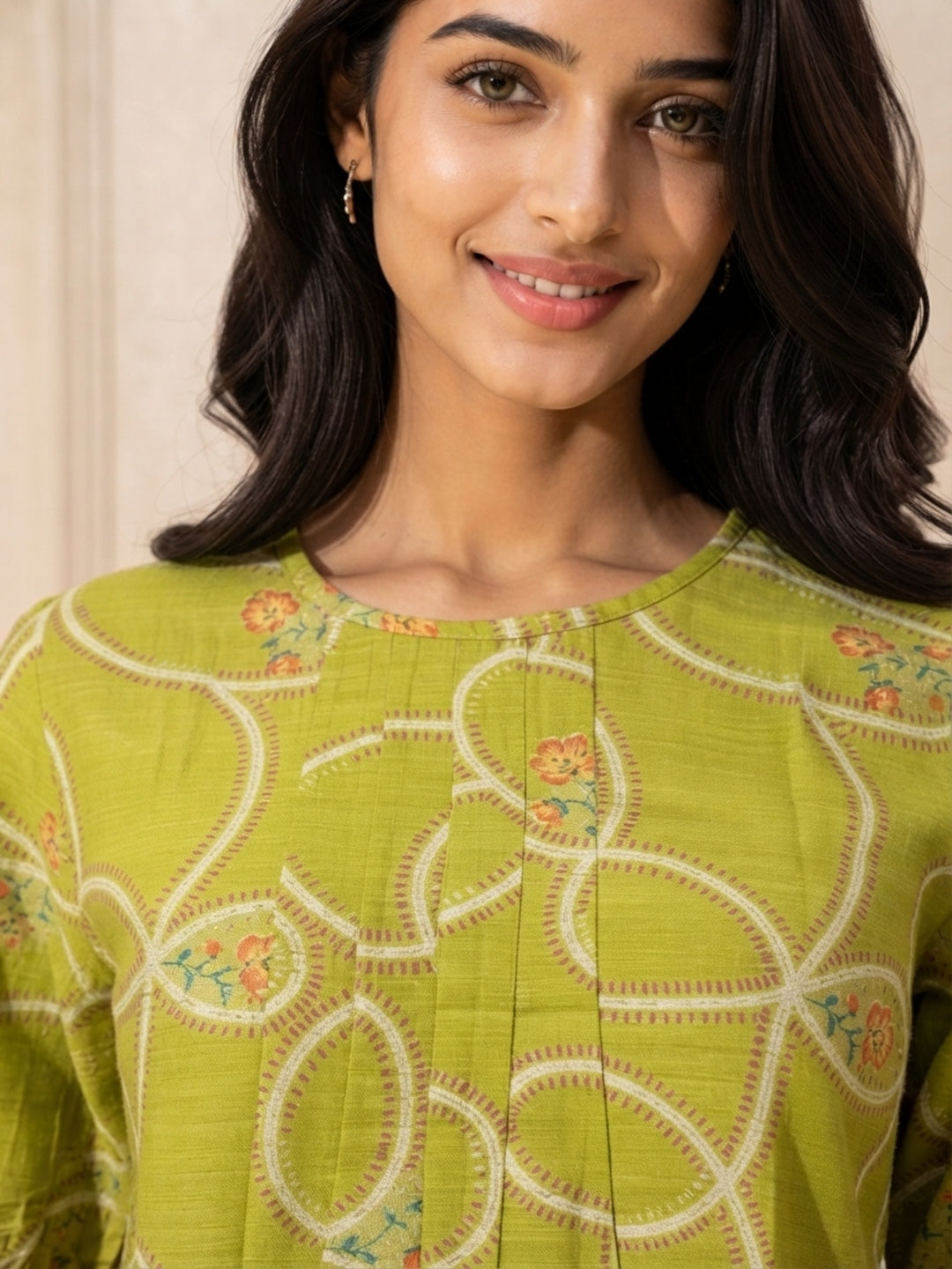 Tiyasha Green Abstract Chanderi Modal A-Line Kurti For Women with Ruffle Detail & Round Neck | Ank