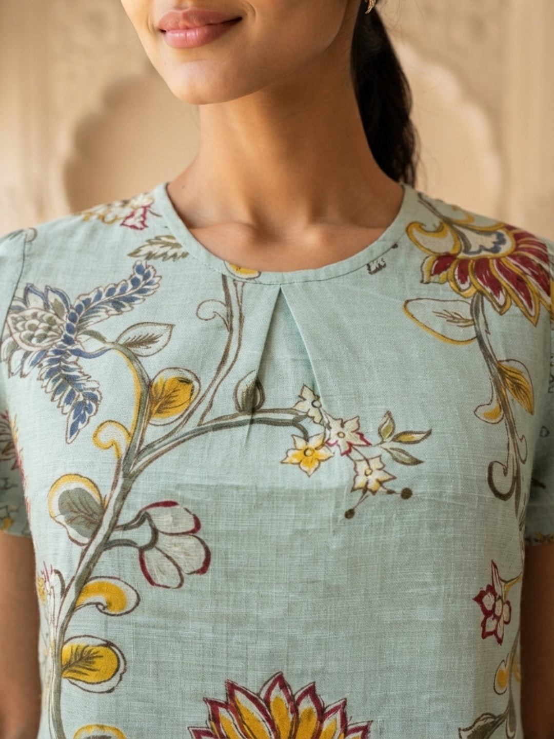 Tiyasha Light Green Floral Chanderi Modal A-Line Kurti For Women with Round Neck & Short Sleeves | Ank
