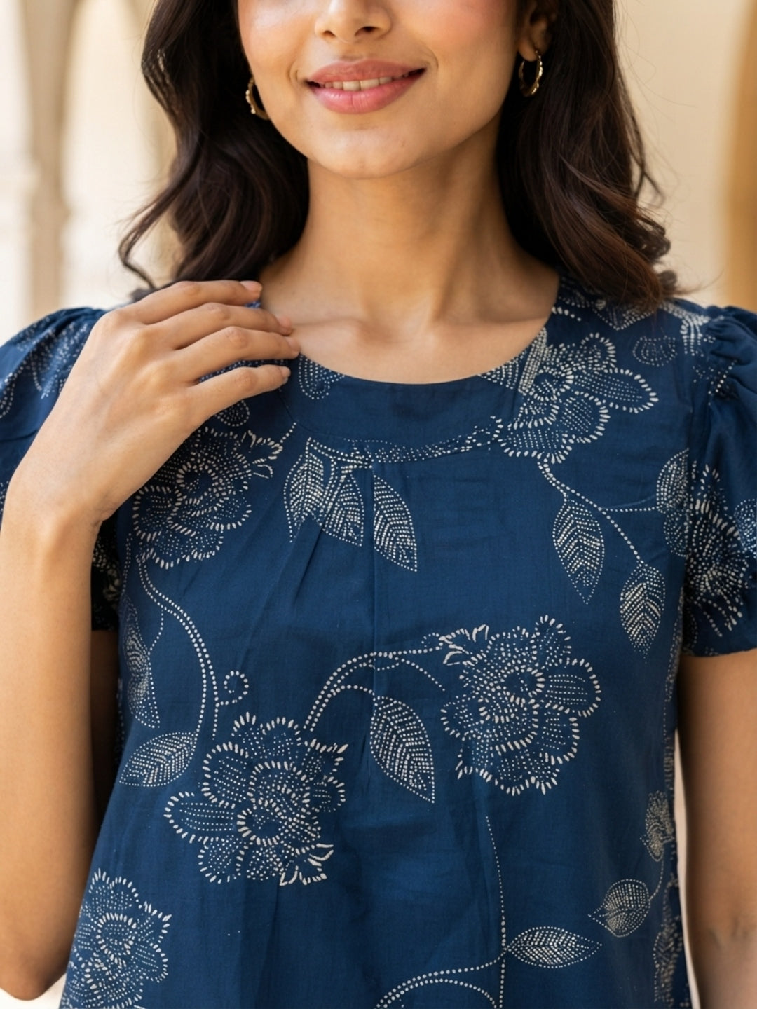 Tiyasha Navy Blue Floral Chanderi Modal A-Line Kurti For Women with Round Neck & Short Sleeves | Ank