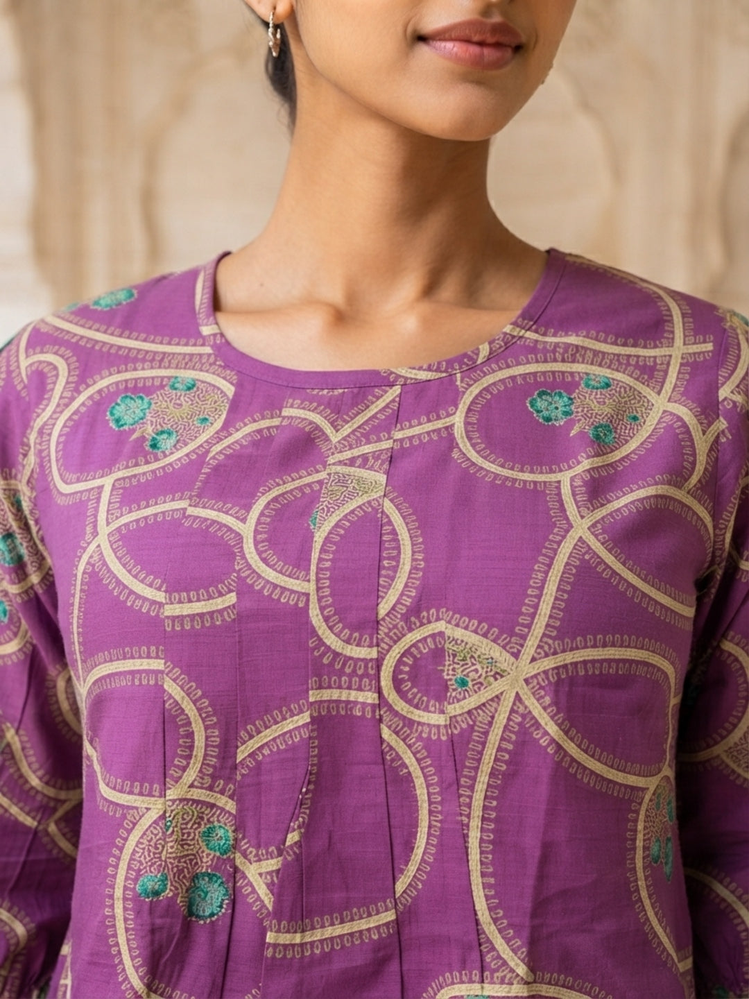 Tiyasha Purple Abstract Chanderi Modal A-Line Kurti For Women with Ruffle Sleeves & Round Neck | Ank