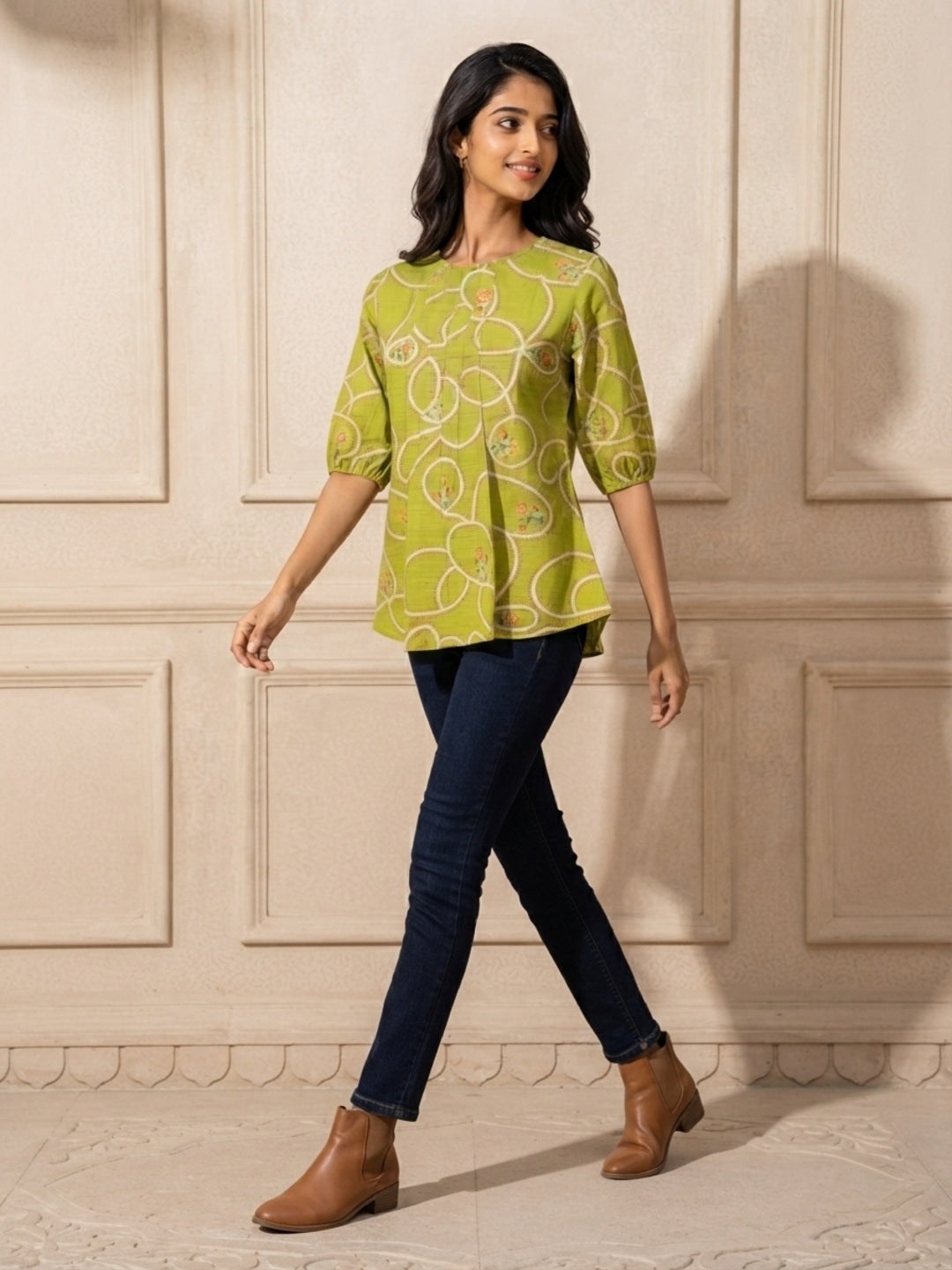Tiyasha Green Abstract Chanderi Modal A-Line Kurti For Women with Ruffle Detail & Round Neck | Ank