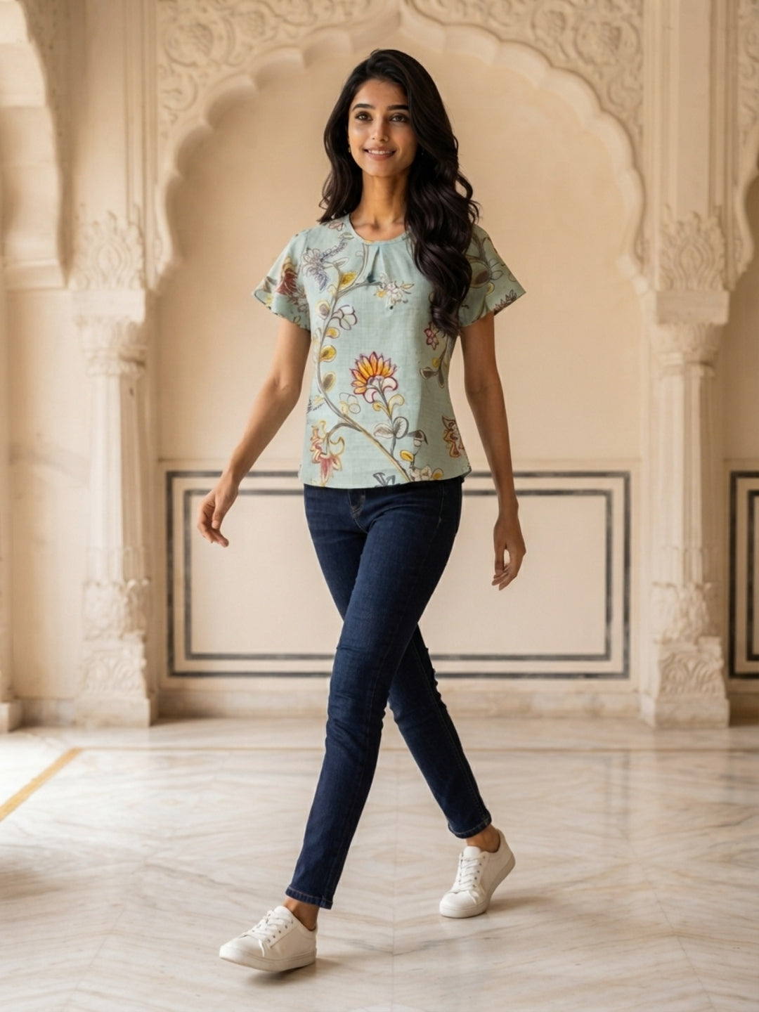 Tiyasha Light Green Floral Chanderi Modal A-Line Kurti For Women with Round Neck & Short Sleeves | Ank