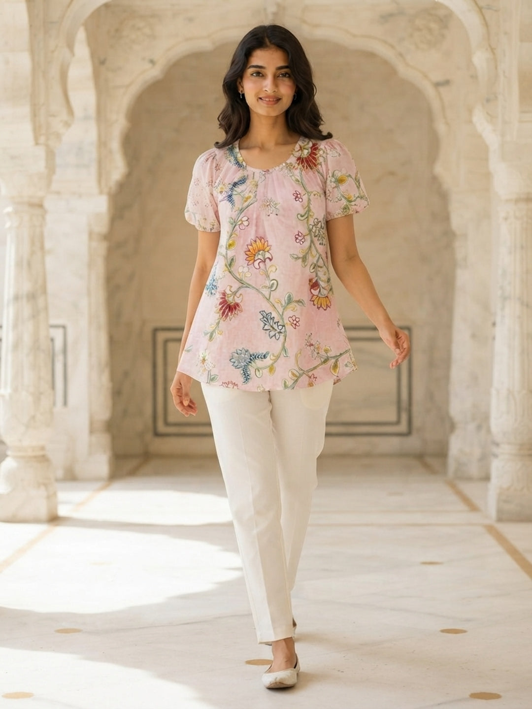 Tiyasha Orange Floral Chanderi Modal A-Line Kurti For Women with Round Neck & Short Sleeves | Ank