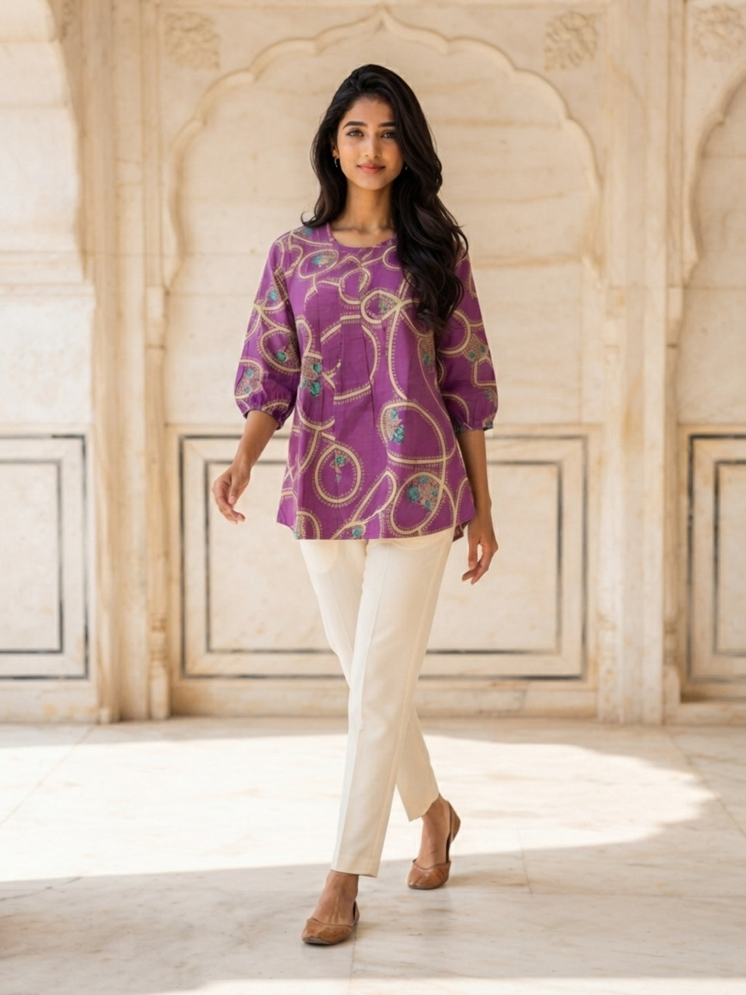 Tiyasha Purple Abstract Chanderi Modal A-Line Kurti For Women with Ruffle Sleeves & Round Neck | Ank