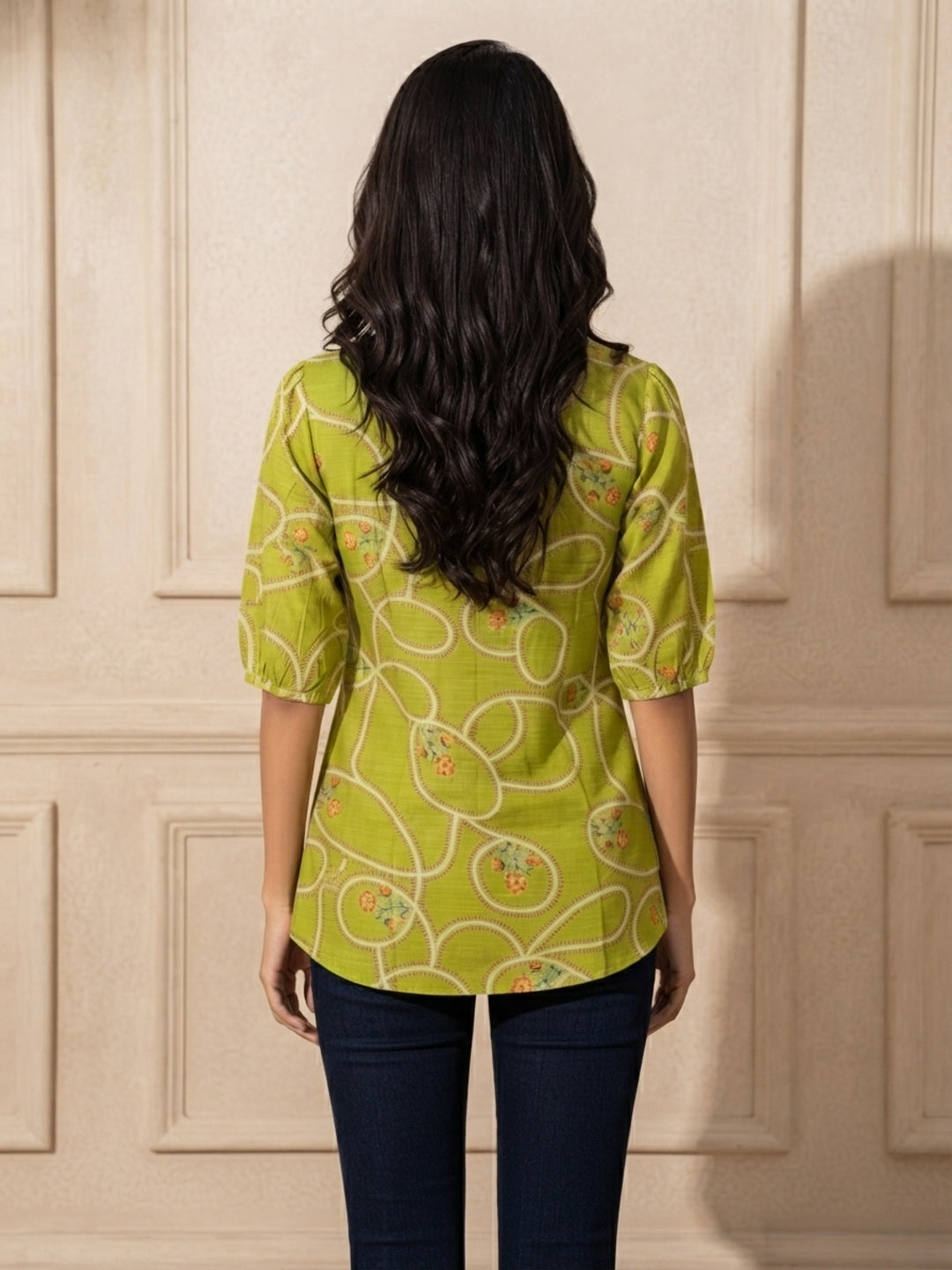 Tiyasha Green Abstract Chanderi Modal A-Line Kurti For Women with Ruffle Detail & Round Neck | Ank