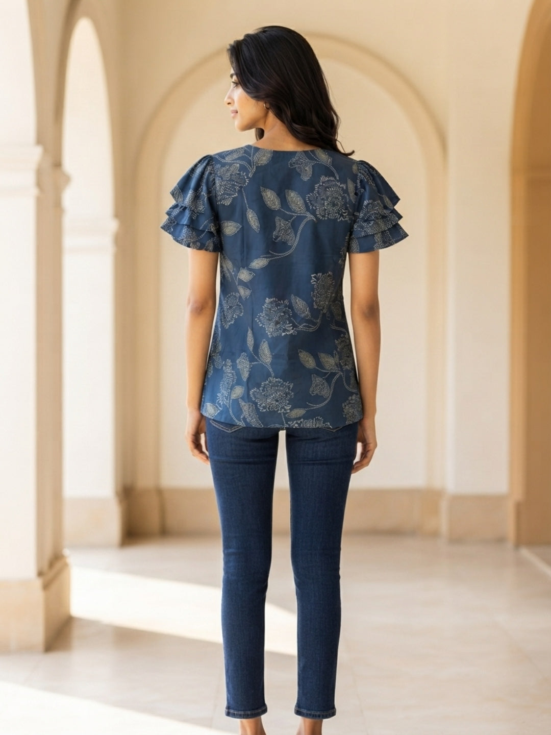 Tiyasha Navy Blue Floral Chanderi Modal A-Line Kurti For Women with Round Neck & Short Sleeves | Ank