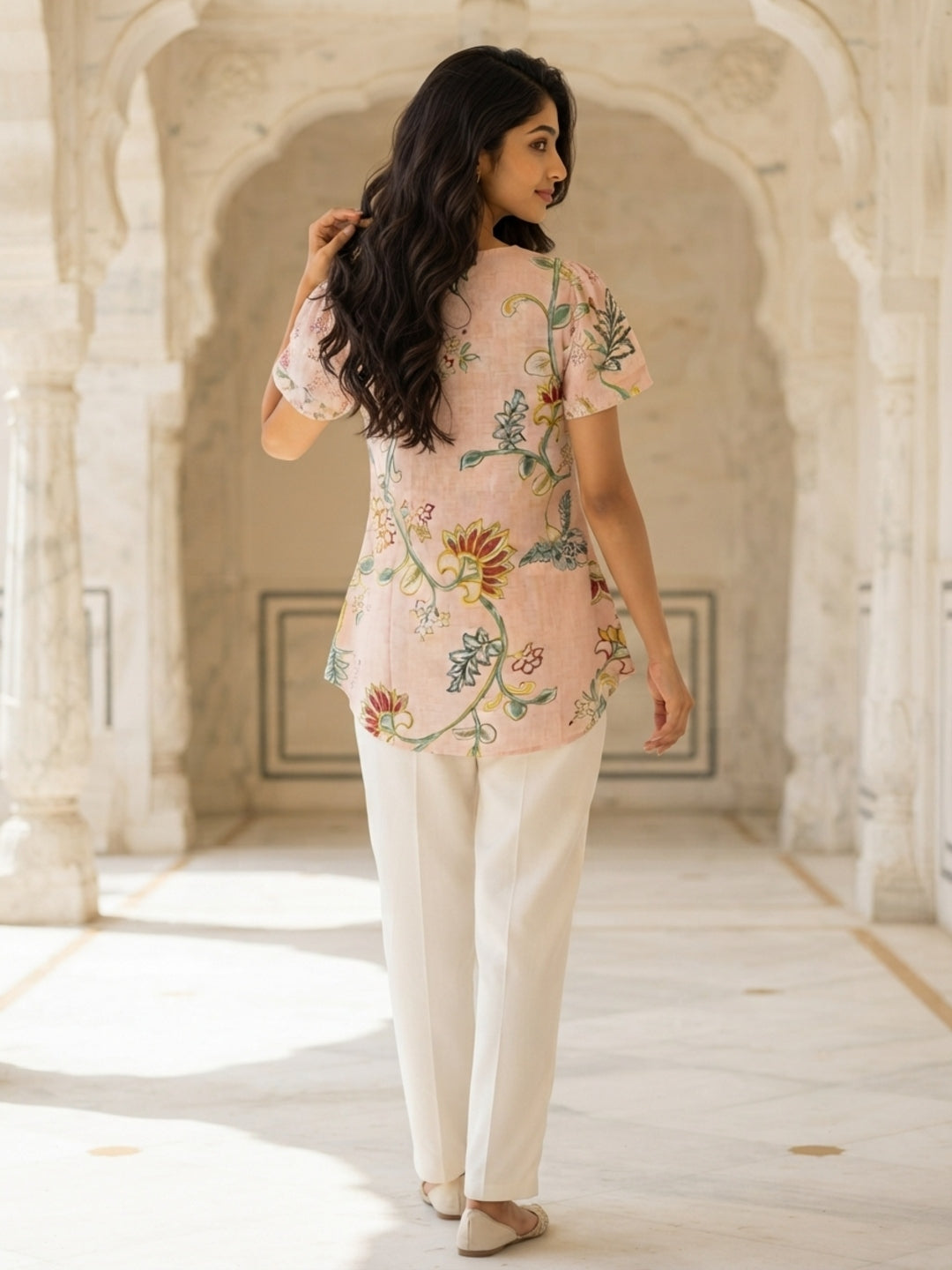 Tiyasha Orange Floral Chanderi Modal A-Line Kurti For Women with Round Neck & Short Sleeves | Ank