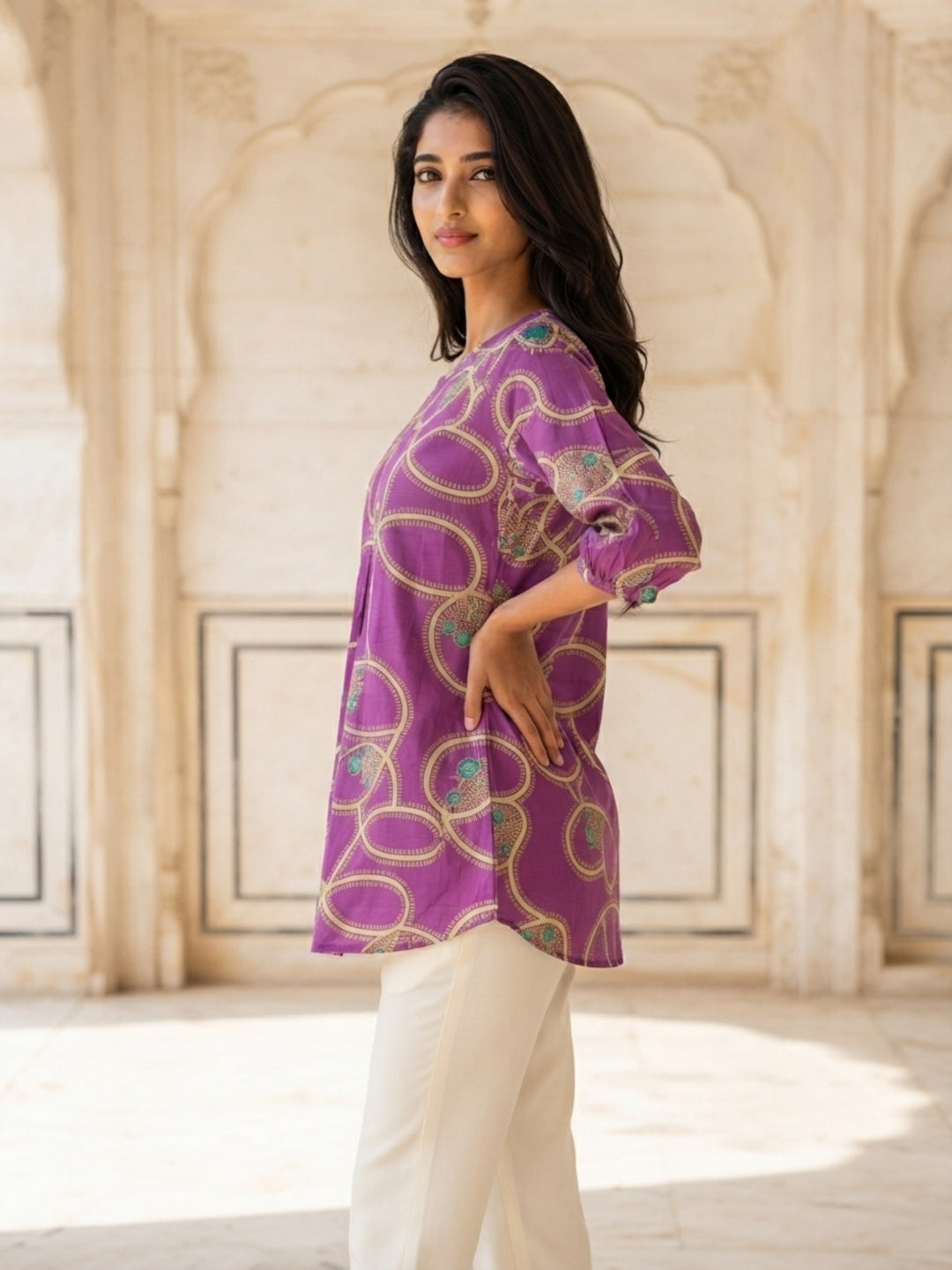 Tiyasha Purple Abstract Chanderi Modal A-Line Kurti For Women with Ruffle Sleeves & Round Neck | Ank