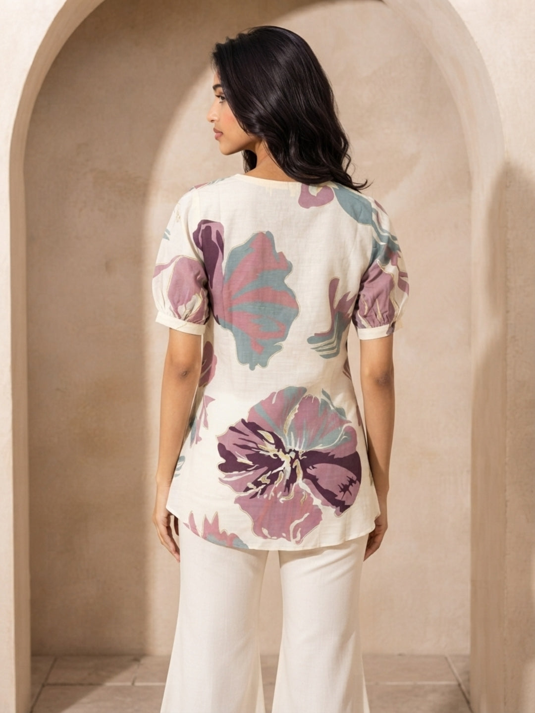 Tiyasha White Floral Chanderi Modal A-Line Kurti For Women with V-Neck & Short Sleeves | Ank