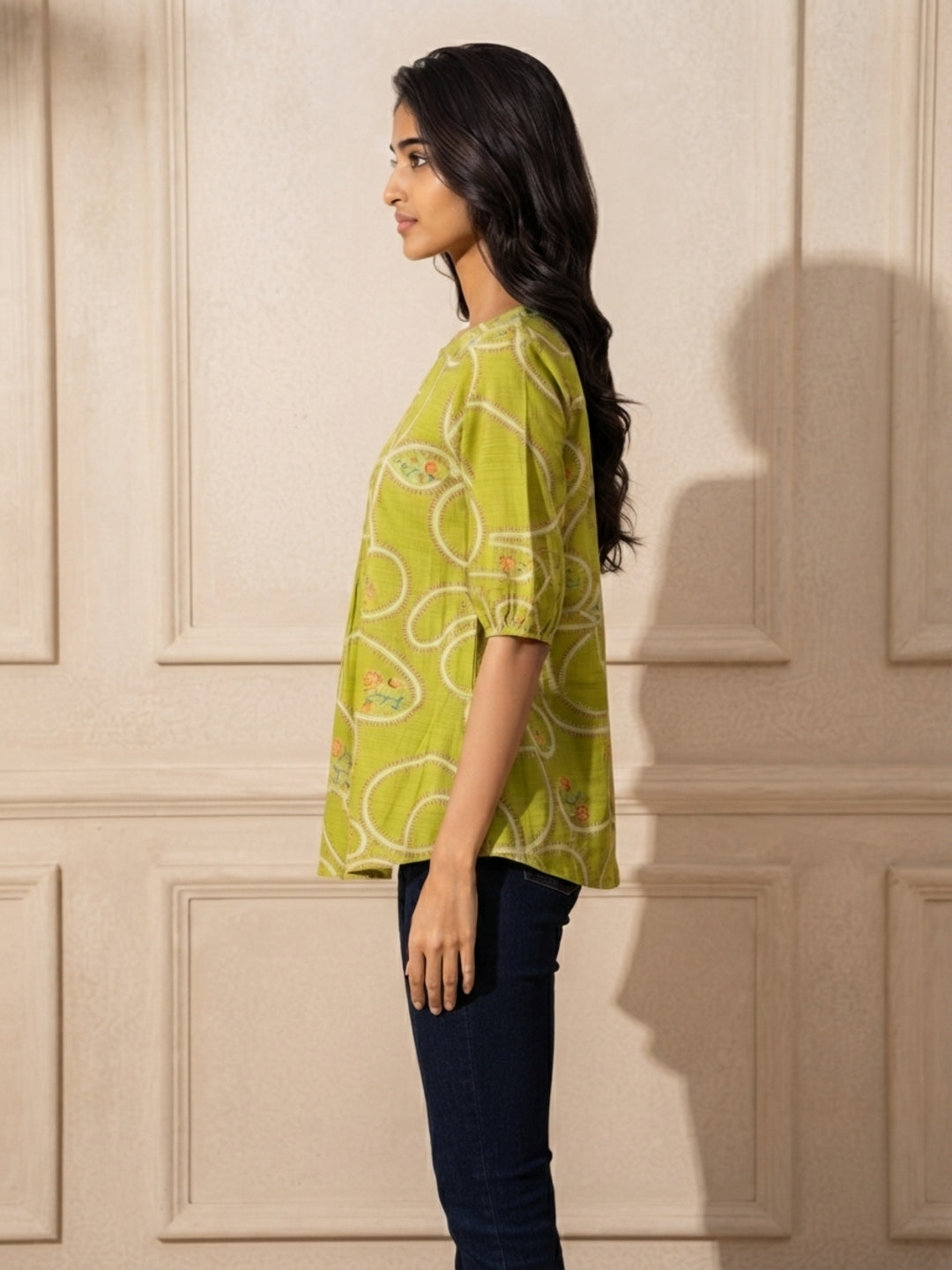 Tiyasha Green Abstract Chanderi Modal A-Line Kurti For Women with Ruffle Detail & Round Neck | Ank