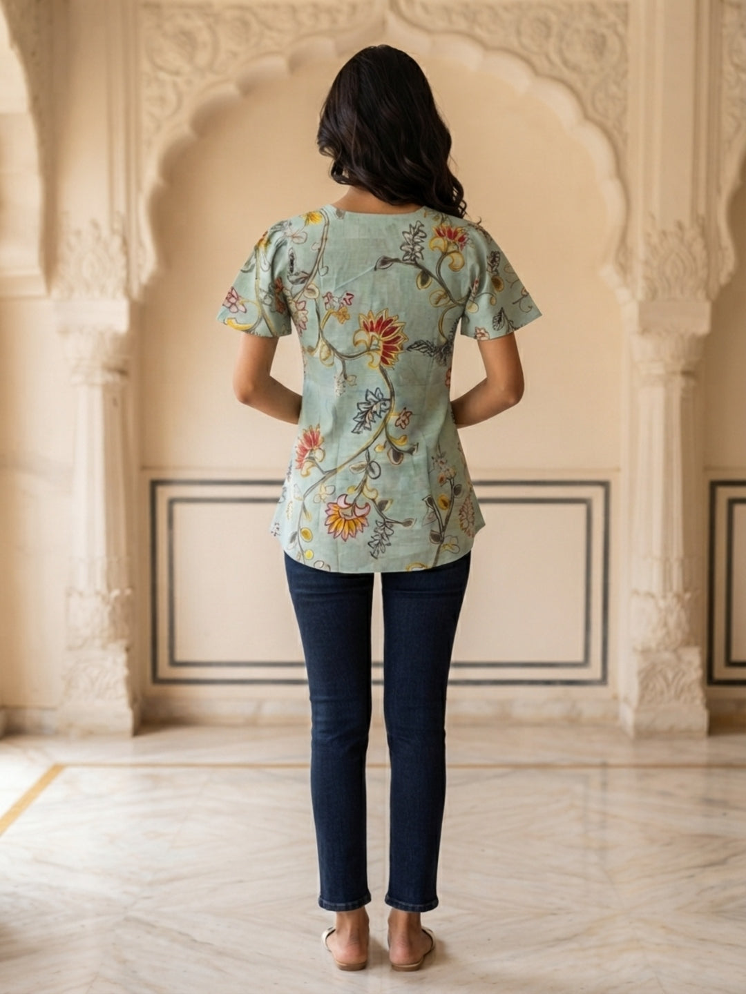 Tiyasha Light Green Floral Chanderi Modal A-Line Kurti For Women with Round Neck & Short Sleeves | Ank