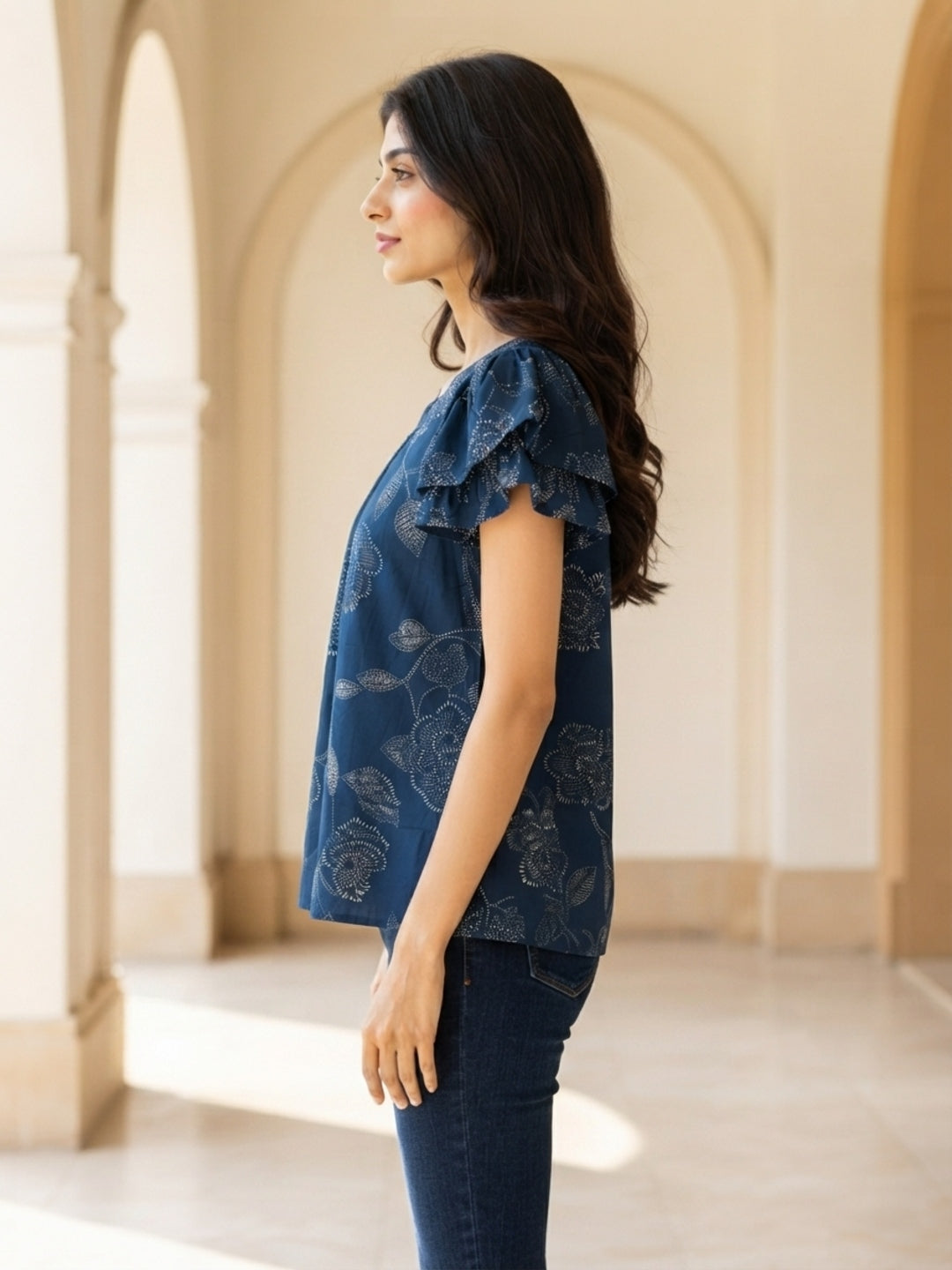 Tiyasha Navy Blue Floral Chanderi Modal A-Line Kurti For Women with Round Neck & Short Sleeves | Ank