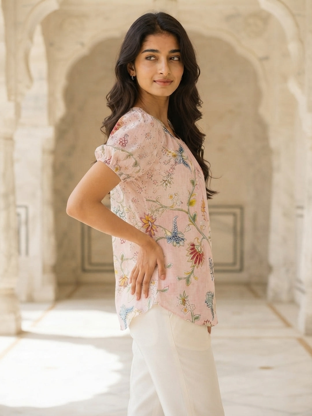 Tiyasha Orange Floral Chanderi Modal A-Line Kurti For Women with Round Neck & Short Sleeves | Ank