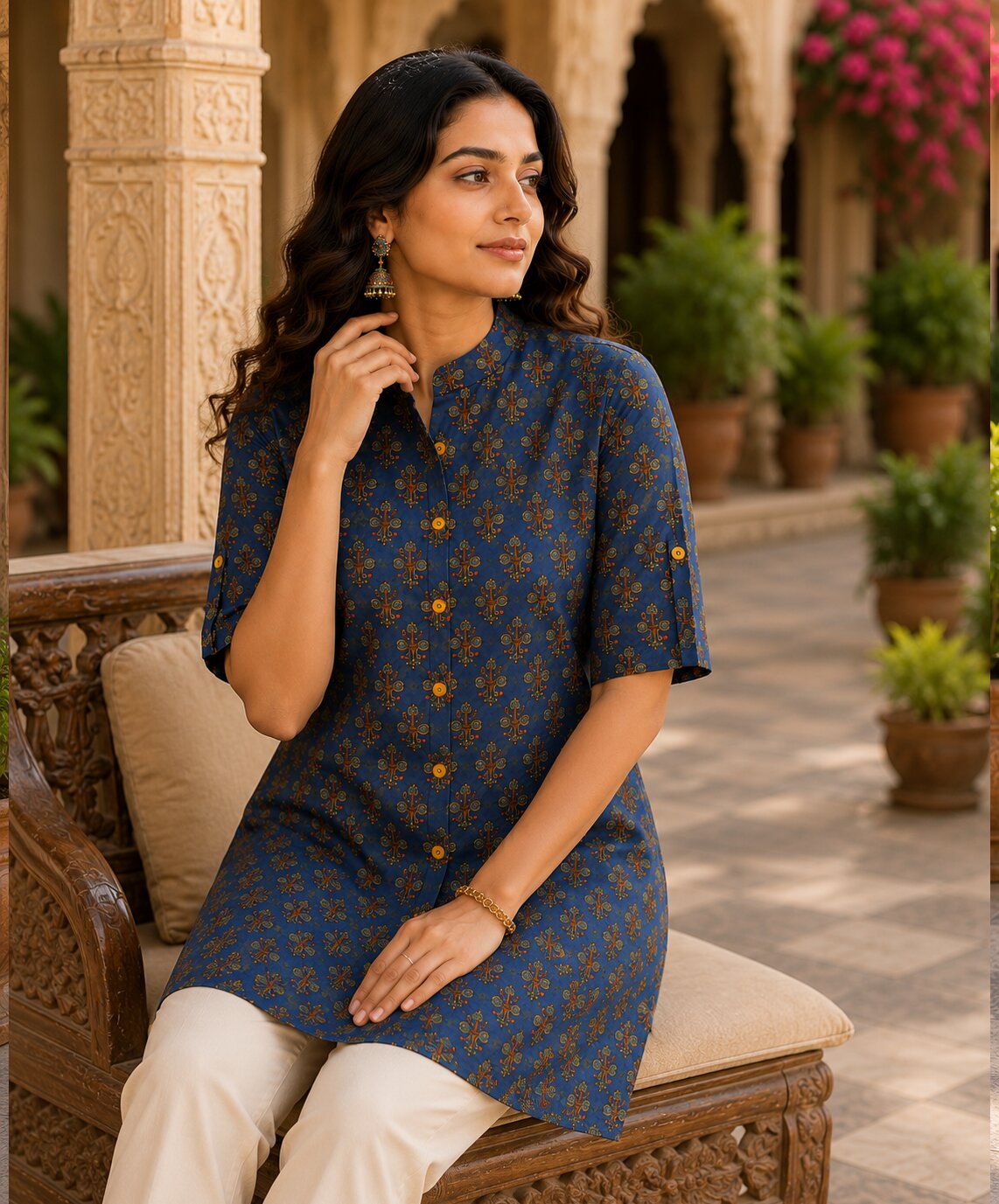 Minu Fashions Ayesha Ajrakh Floral Print Pure Cotton Straight Tunic Short Top for Women