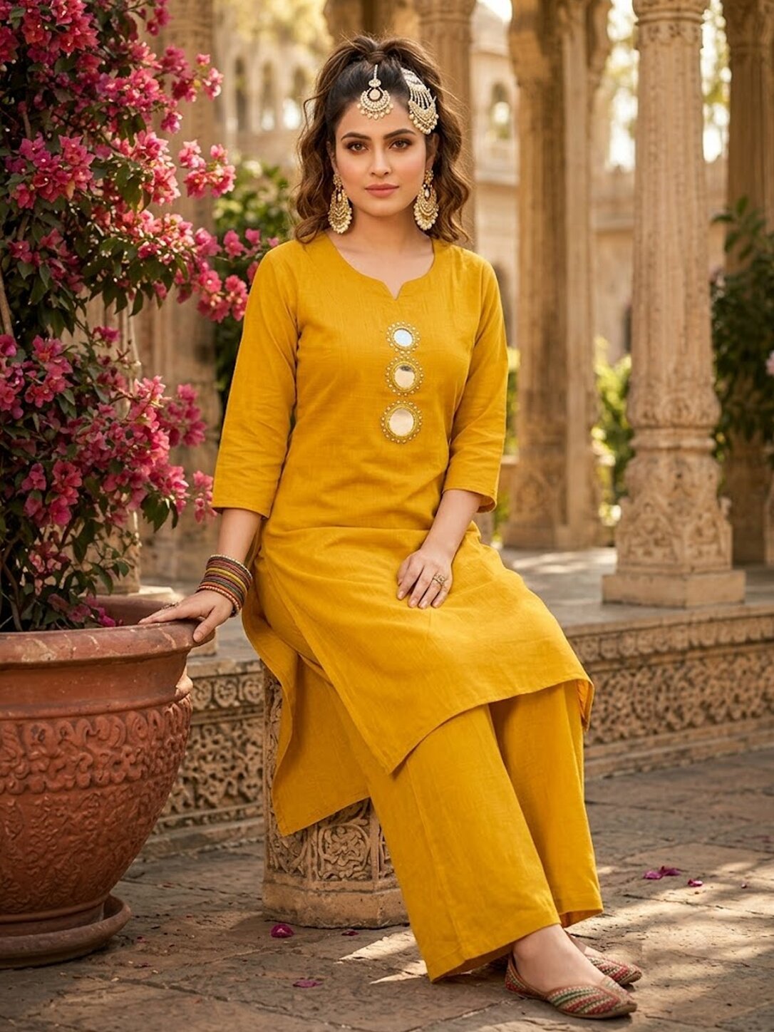 Purva Women Vartican Silk Straight Cut Kurti Set with Palazzo | Mirror & Beads Work | Women's Ethnic Wear