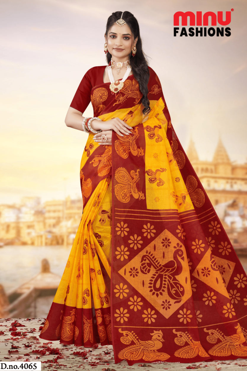 Monica Yellow & Red Traditional Cotton Saree
