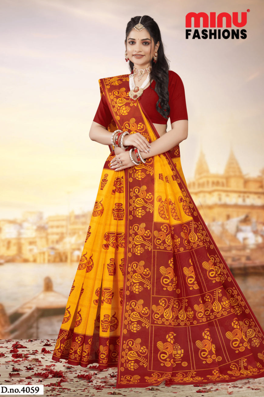 Monica Yellow & Red Traditional Cotton Saree