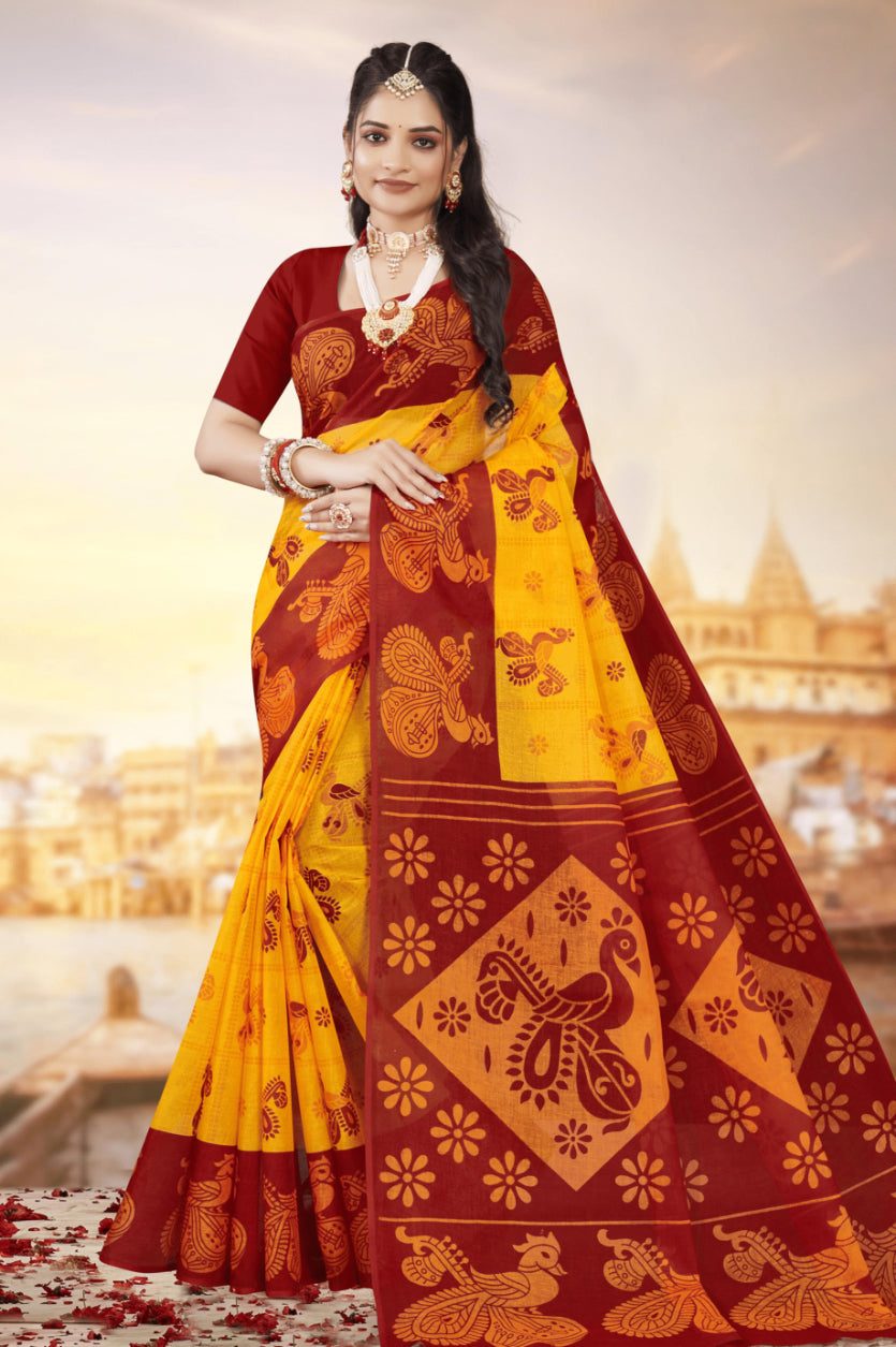 Monica Yellow & Red Traditional Cotton Saree