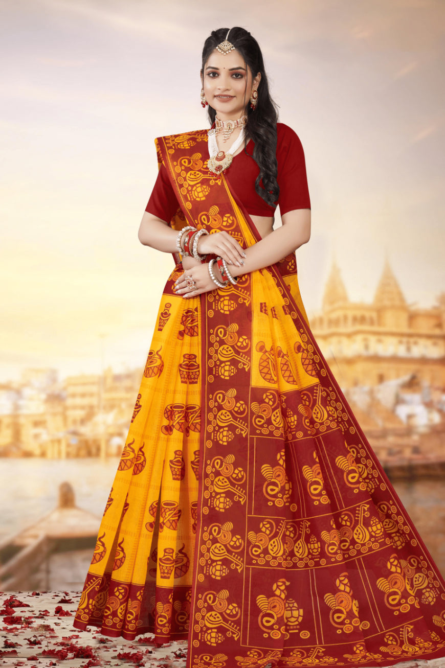 Monica Yellow & Red Traditional Cotton Saree