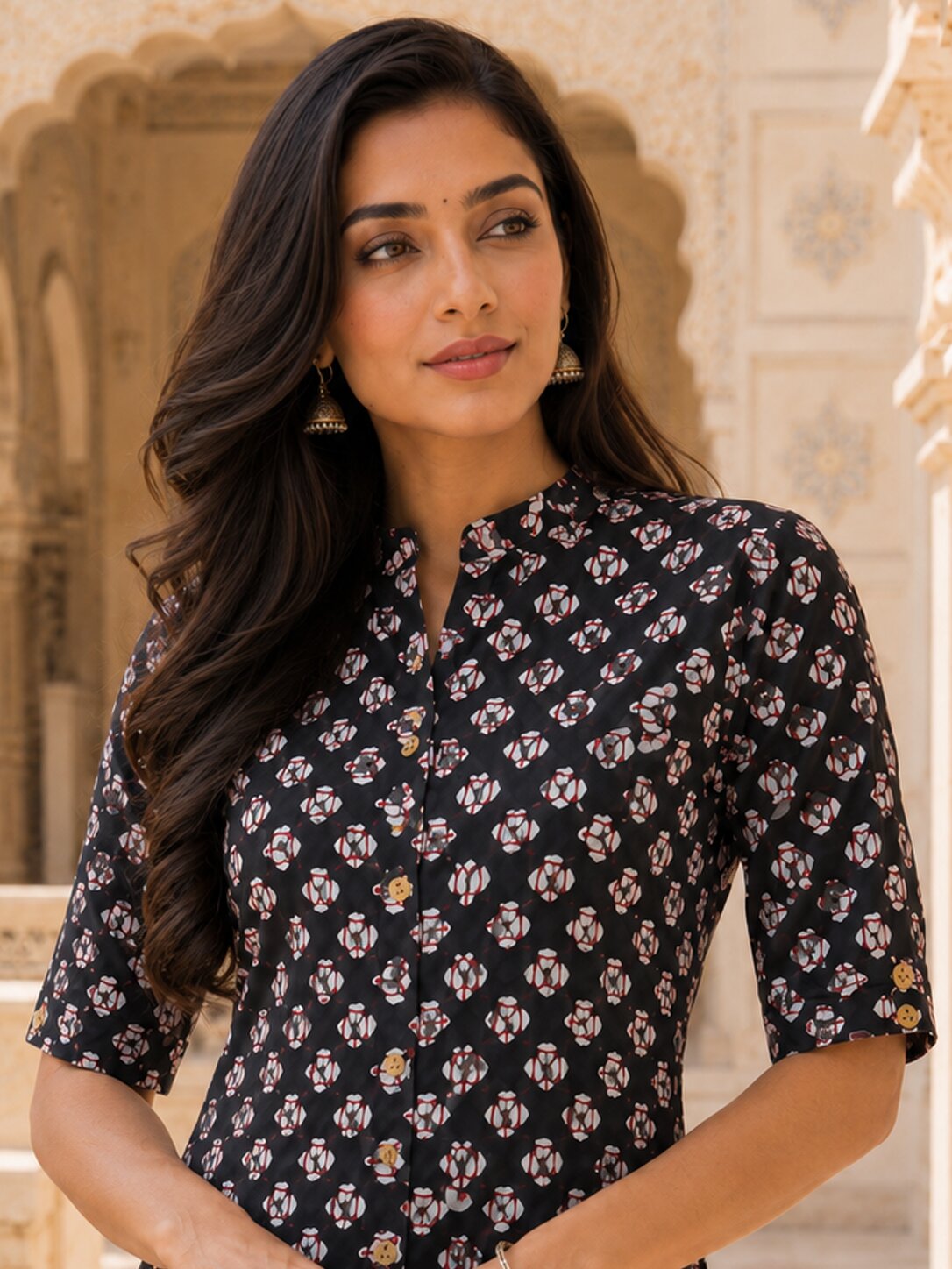 Minu Fashions Ayesha Ajrakh Floral Print Pure Cotton Straight Tunic Short Top for Women