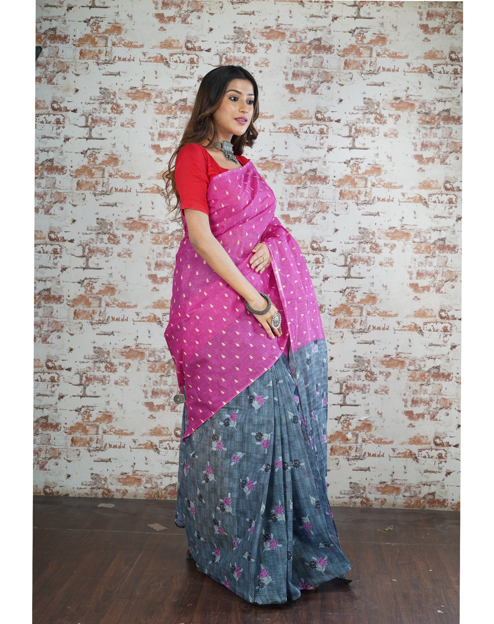 Pink and Blue Saree with Different Patterns on Both Colors