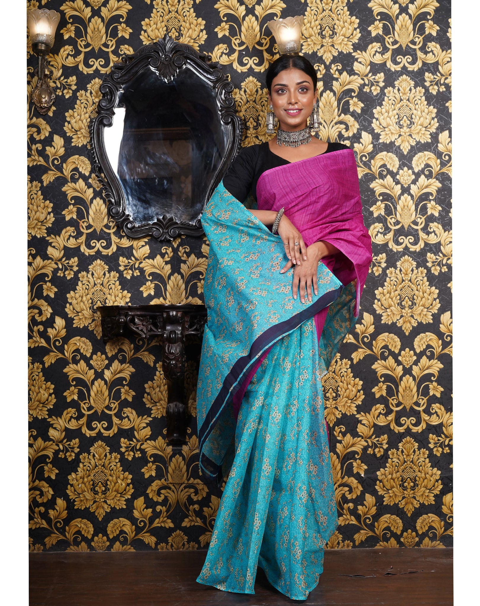 Purple and Blue Saree with Pattern in the Blue Color Side