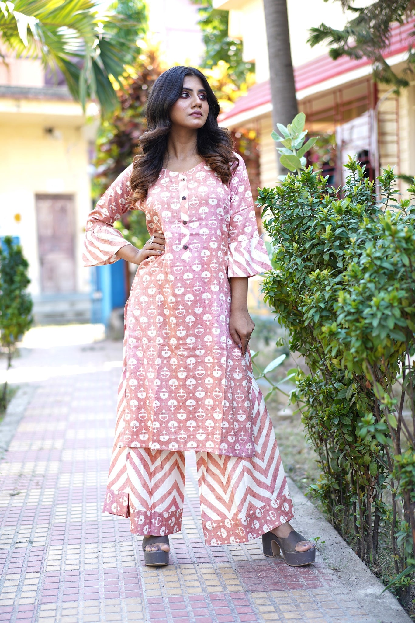 Pink Cotton Kurti Sharara Dupatta Set Salwar Kameez Suit Premium Festival  Dress
