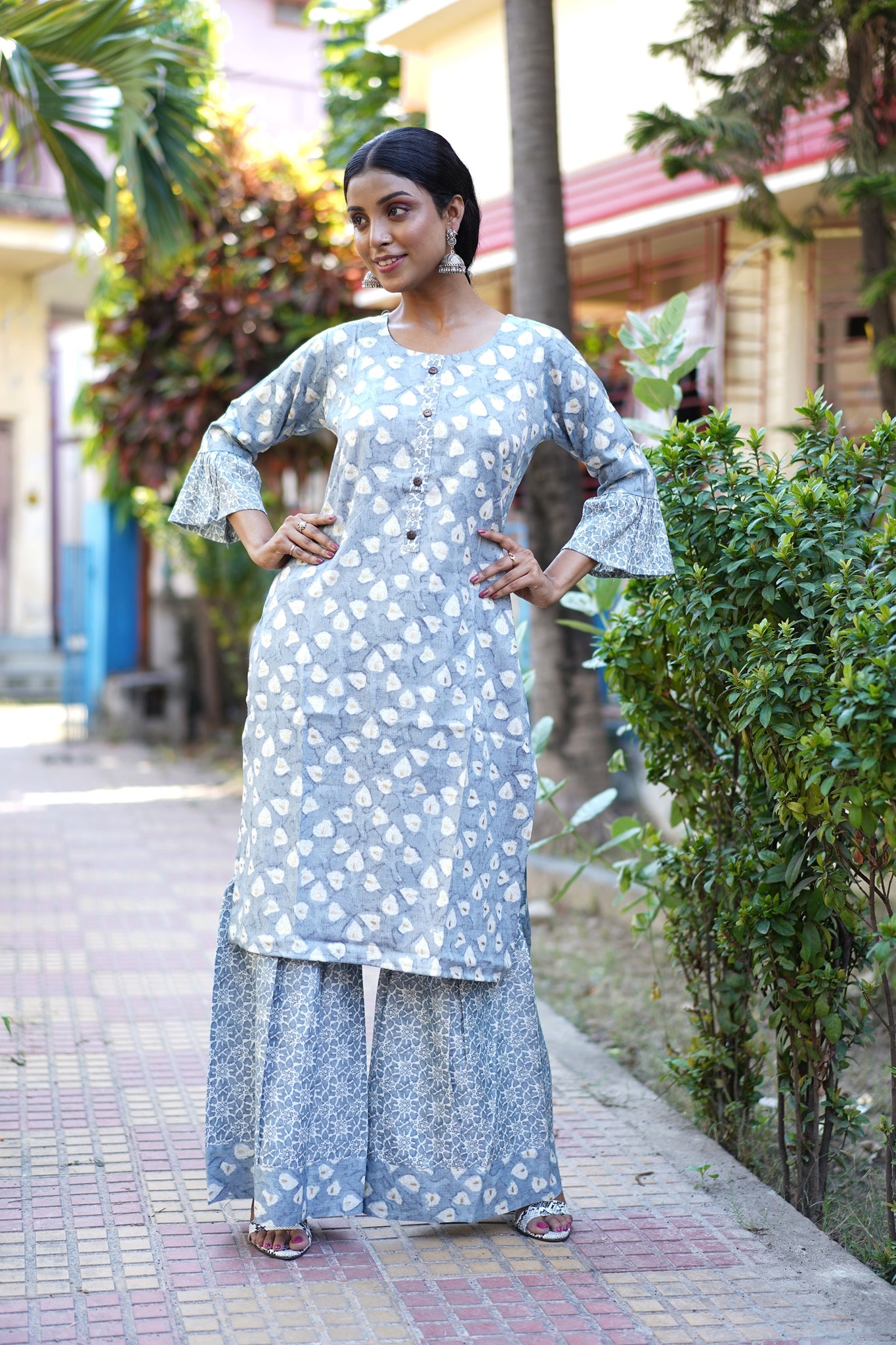 Blue Color Long Kurti with Sharara  Pant and Leaves Design