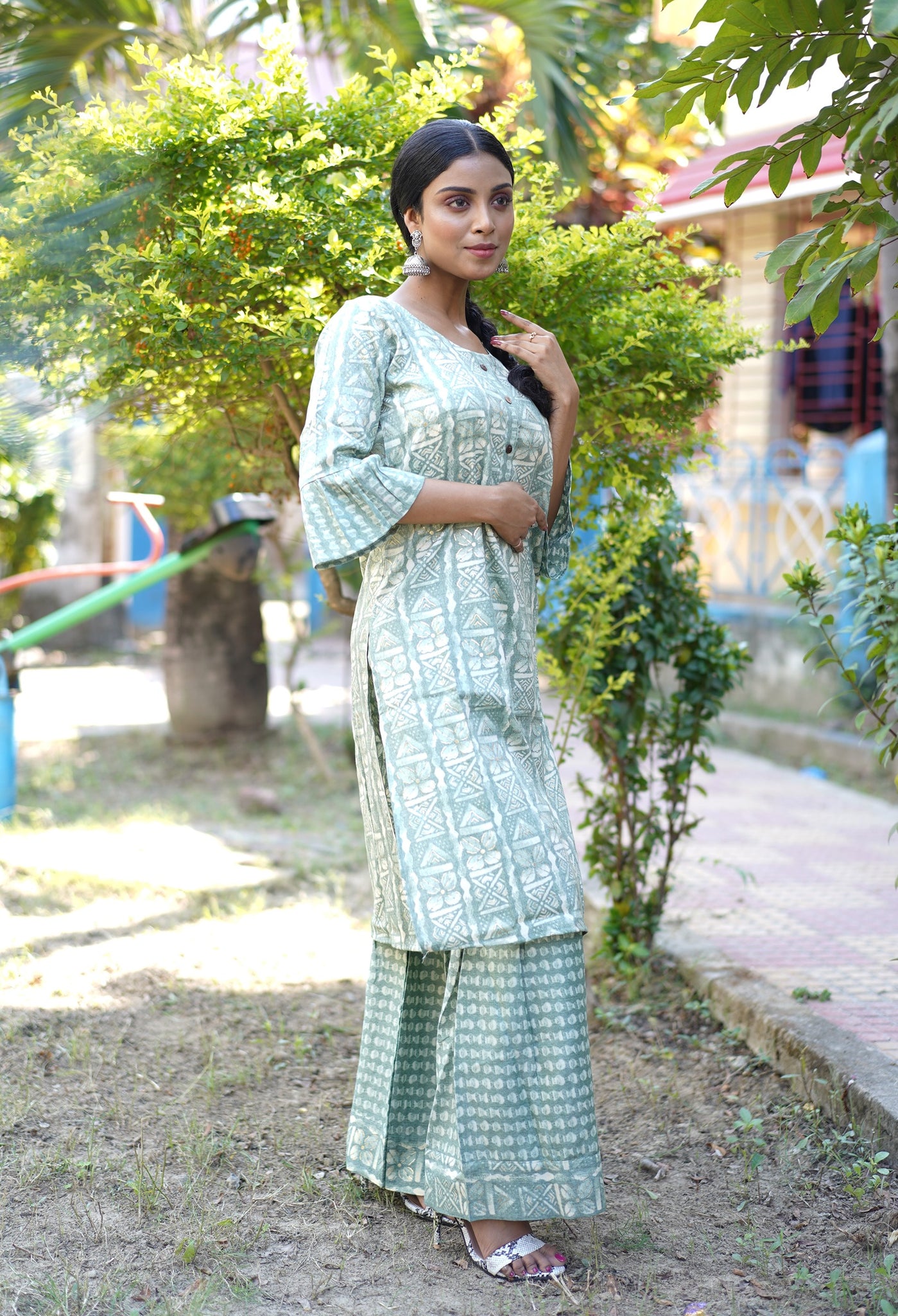 Sea Green Color Long Kurti Set with Sharara Pant
