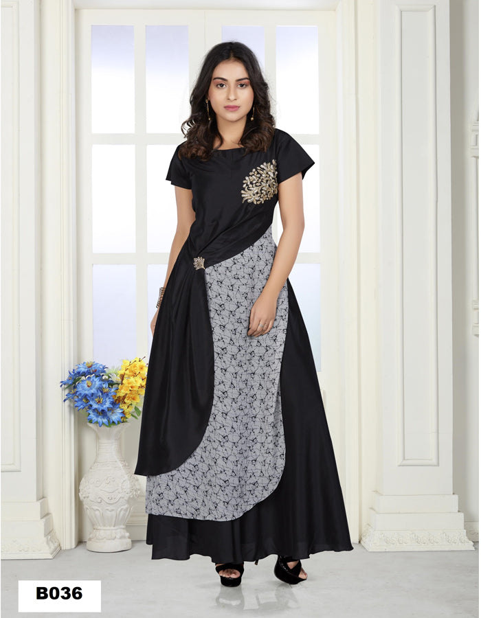 Minu Solid Fancy Silk Stitched Gown  (Black)