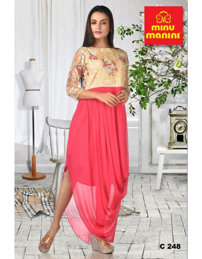 Minu Solid Fancy Silk Stitched Gown  (Yellow & Red)