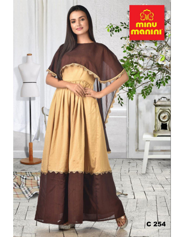 Minu Solid Fancy Silk Stitched Gown  (Brown & Peach)