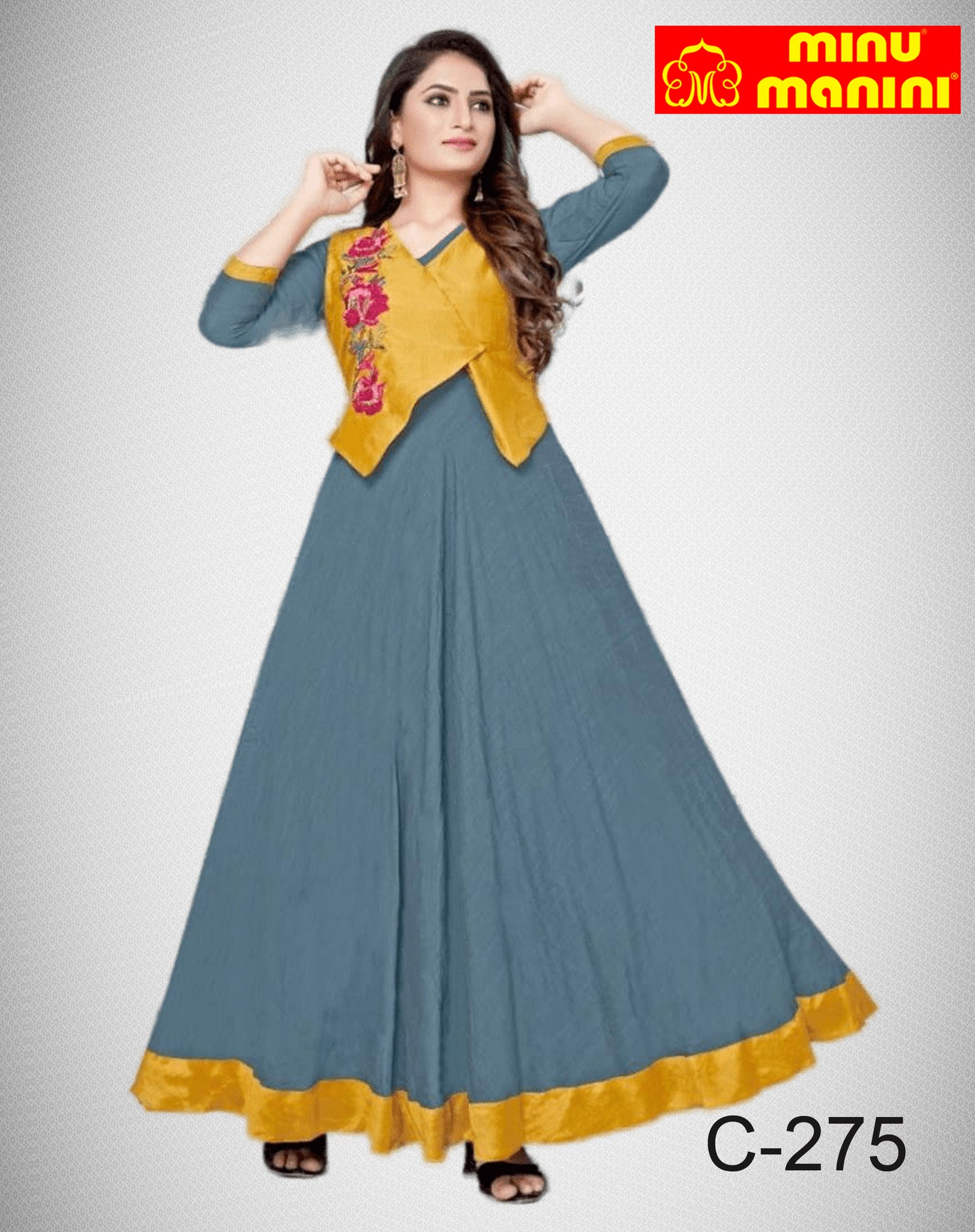 Minu Solid Fancy Silk Stitched Gown  (Yellow & Blue)