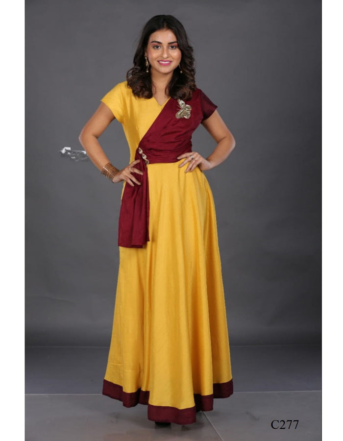 Minu Solid Fancy Silk Stitched Gown  (Yellow)
