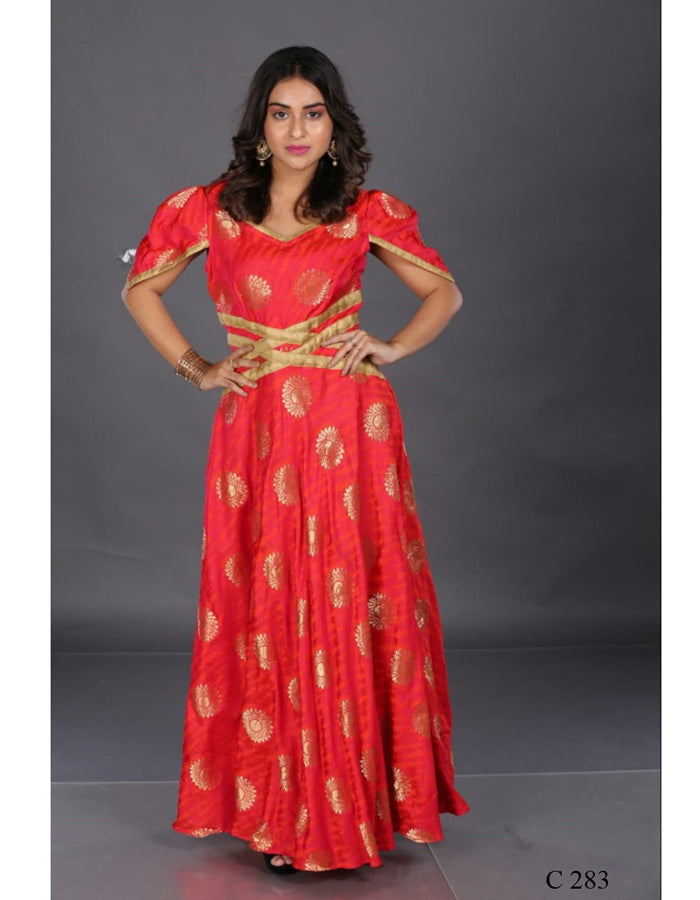 Minu Solid Fancy Silk Stitched Gown  (Red)