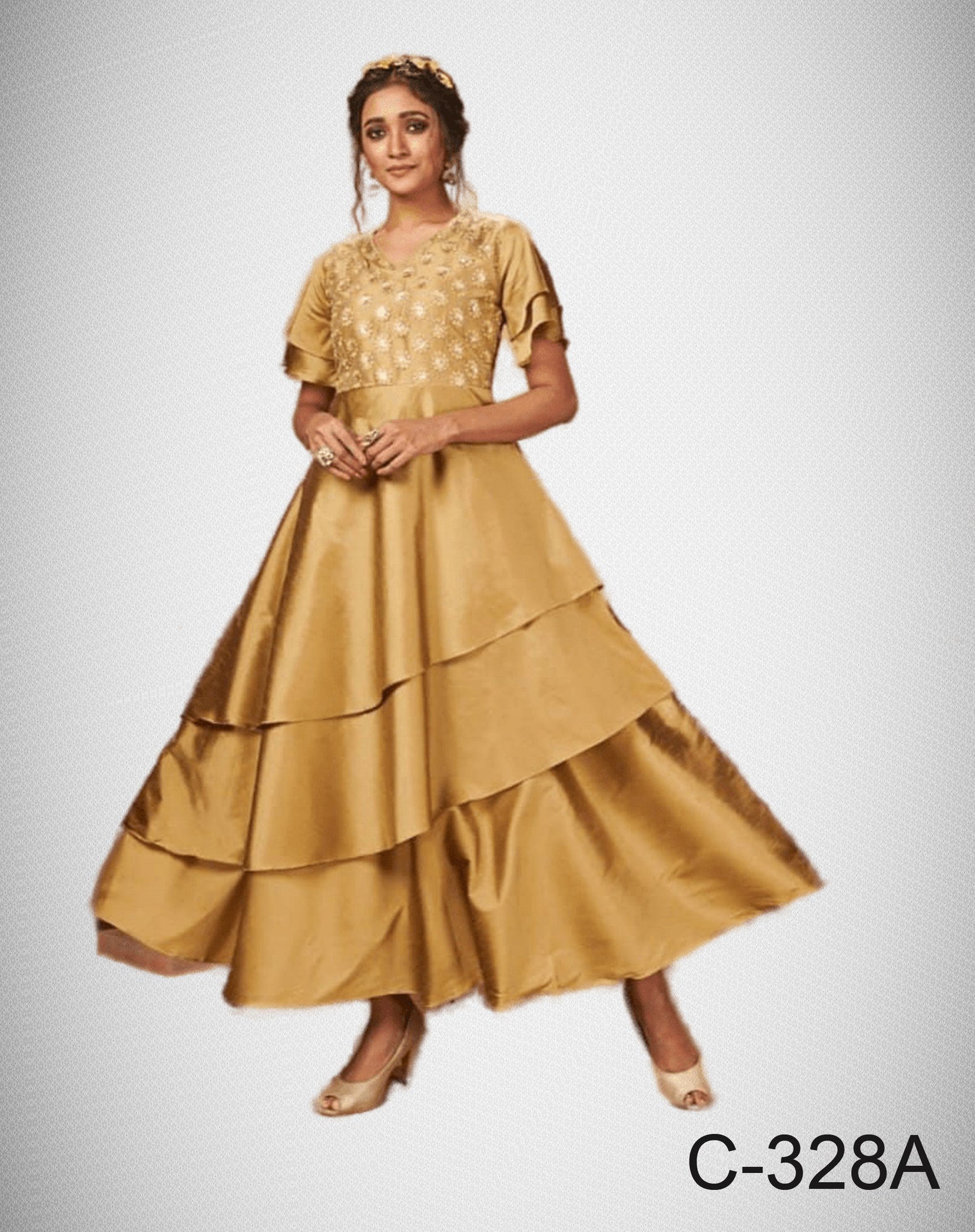 Minu Solid Fancy Silk Stitched Gown  (Gold)