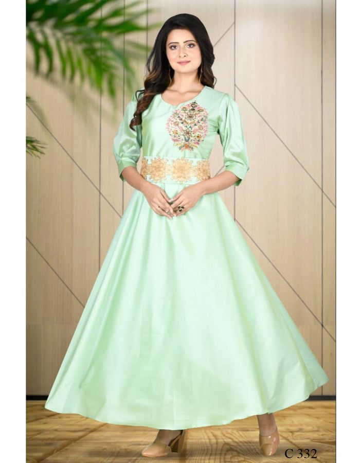 Minu Solid Fancy Silk Stitched Gown  (Green)