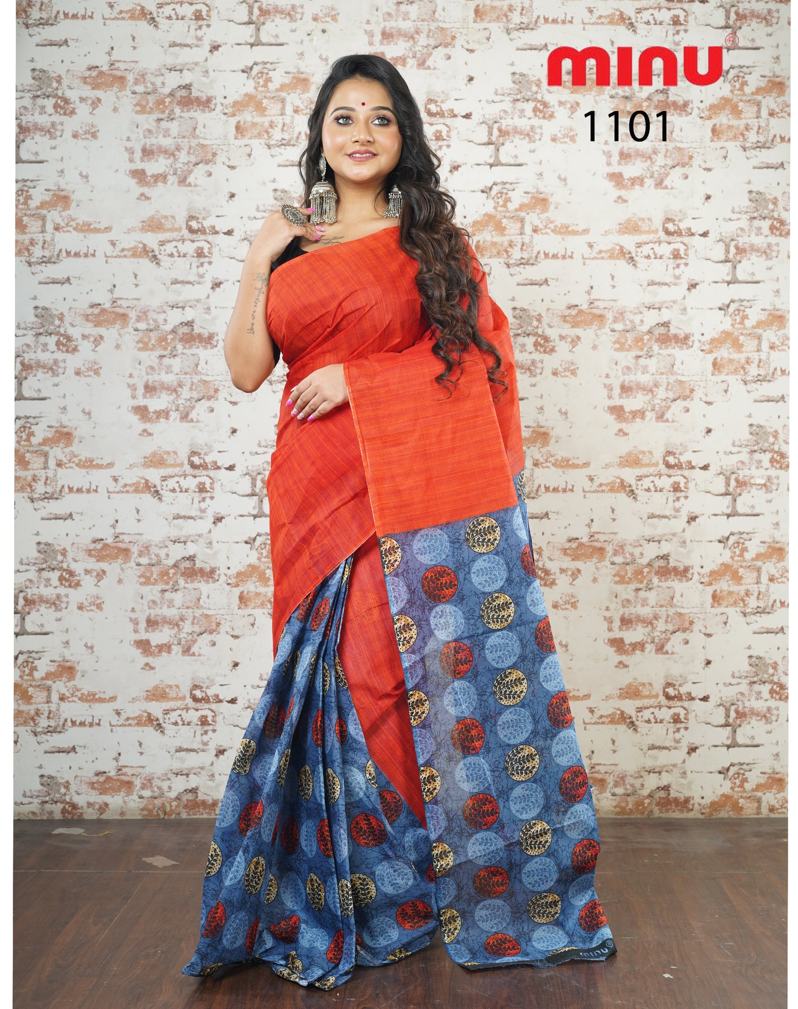 Red and Blue Saree with Circular Print at the Bottom
