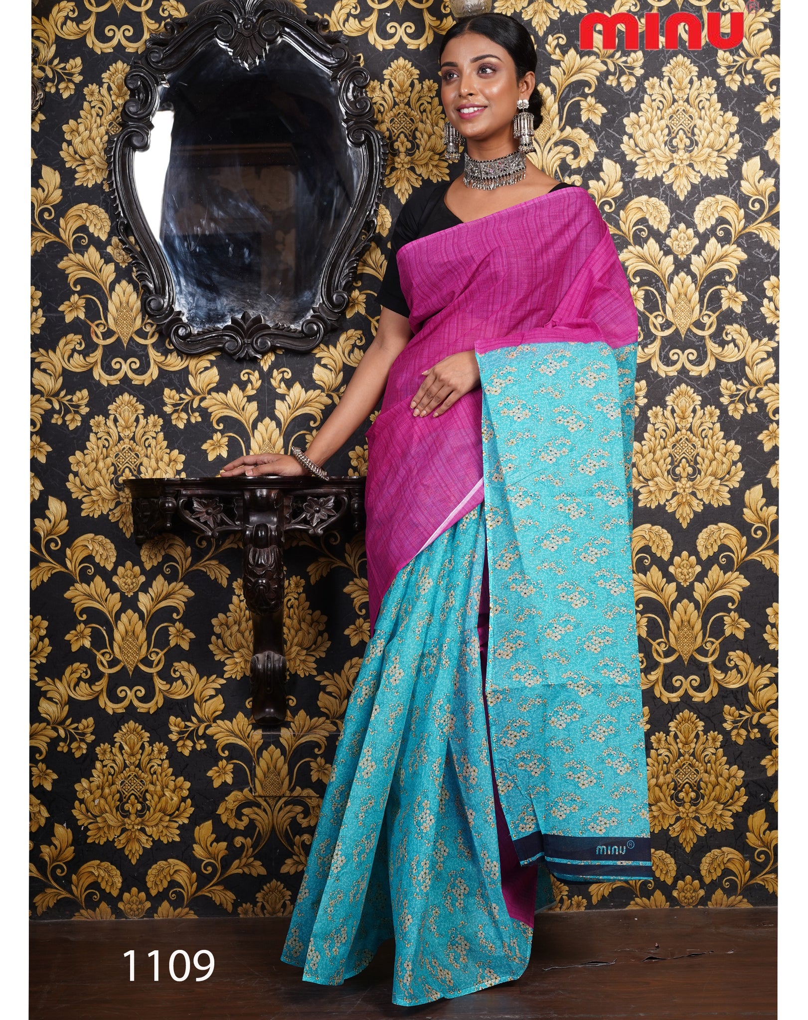 Purple and Blue Saree with Pattern in the Blue Color Side