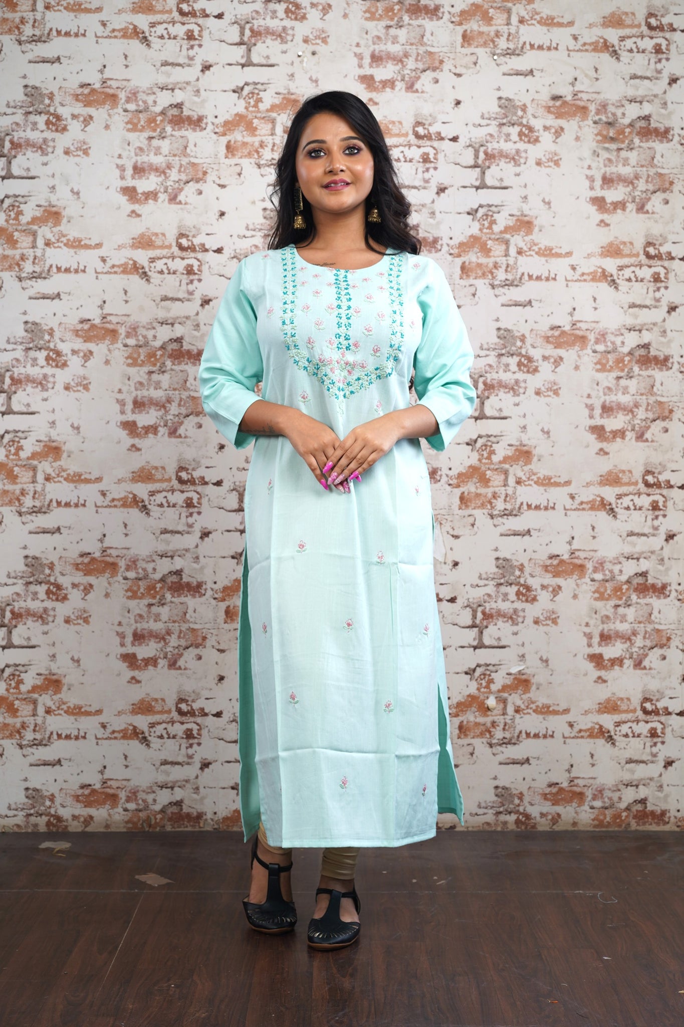 Light Sky Color Long Embroidered Kurti with Pink Design
