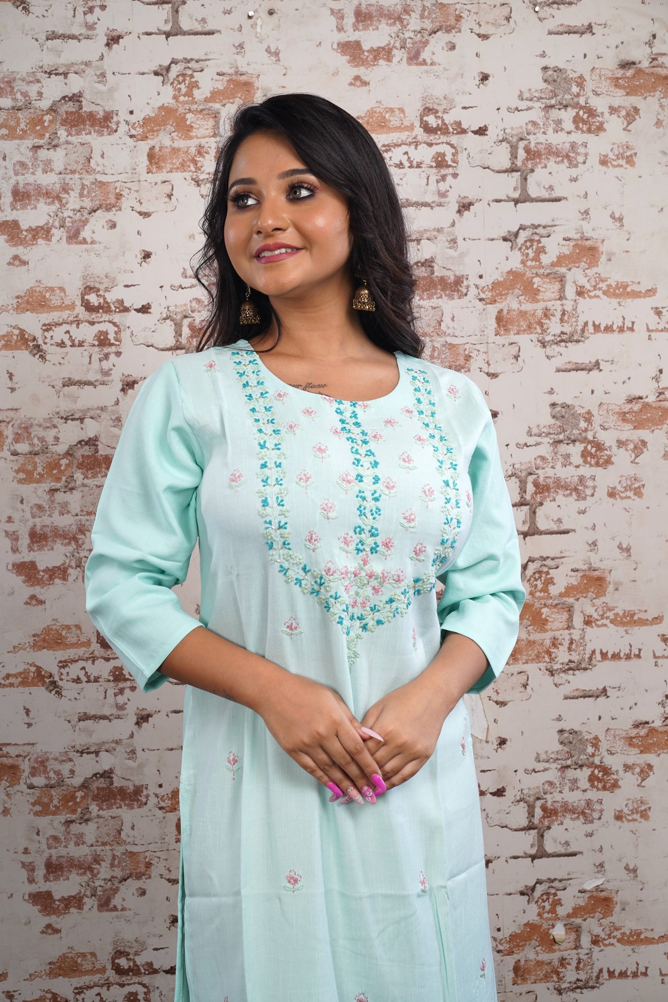 Light Sky Color Long Embroidered Kurti with Pink Design