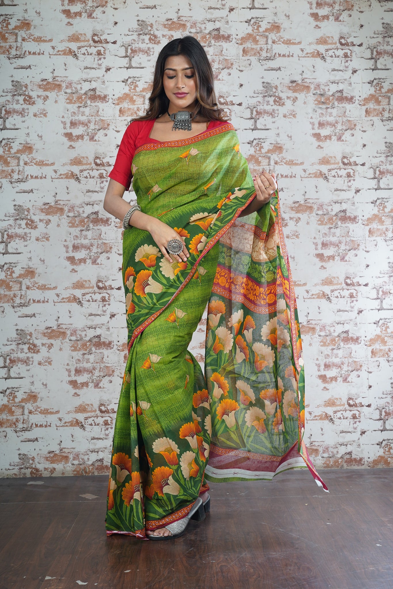 Cotton Printed Saree in Green Color with Stripes and Flower Design with Orange and White Flowers