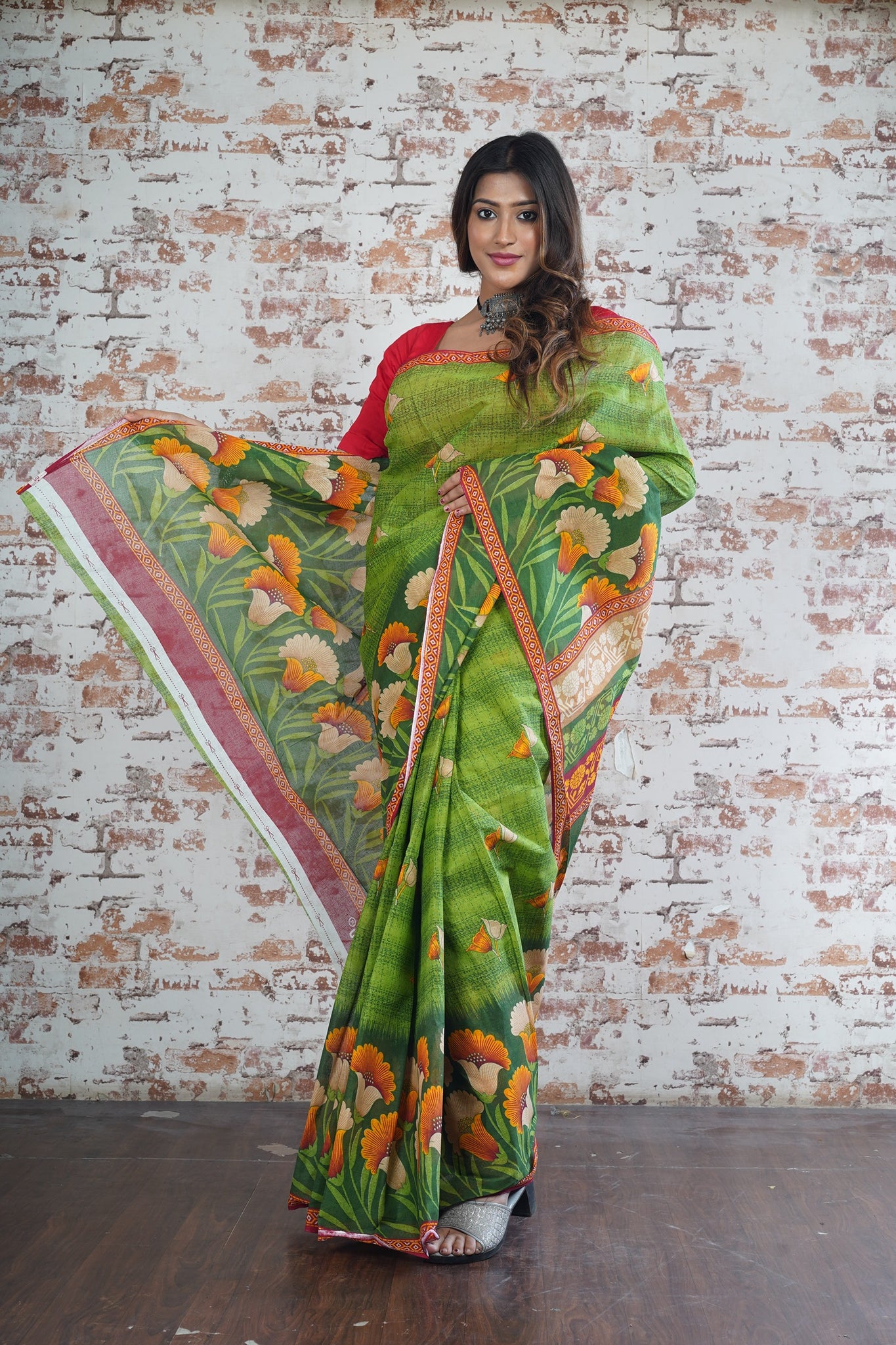 Cotton Printed Saree in Green Color with Stripes and Flower Design with Orange and White Flowers