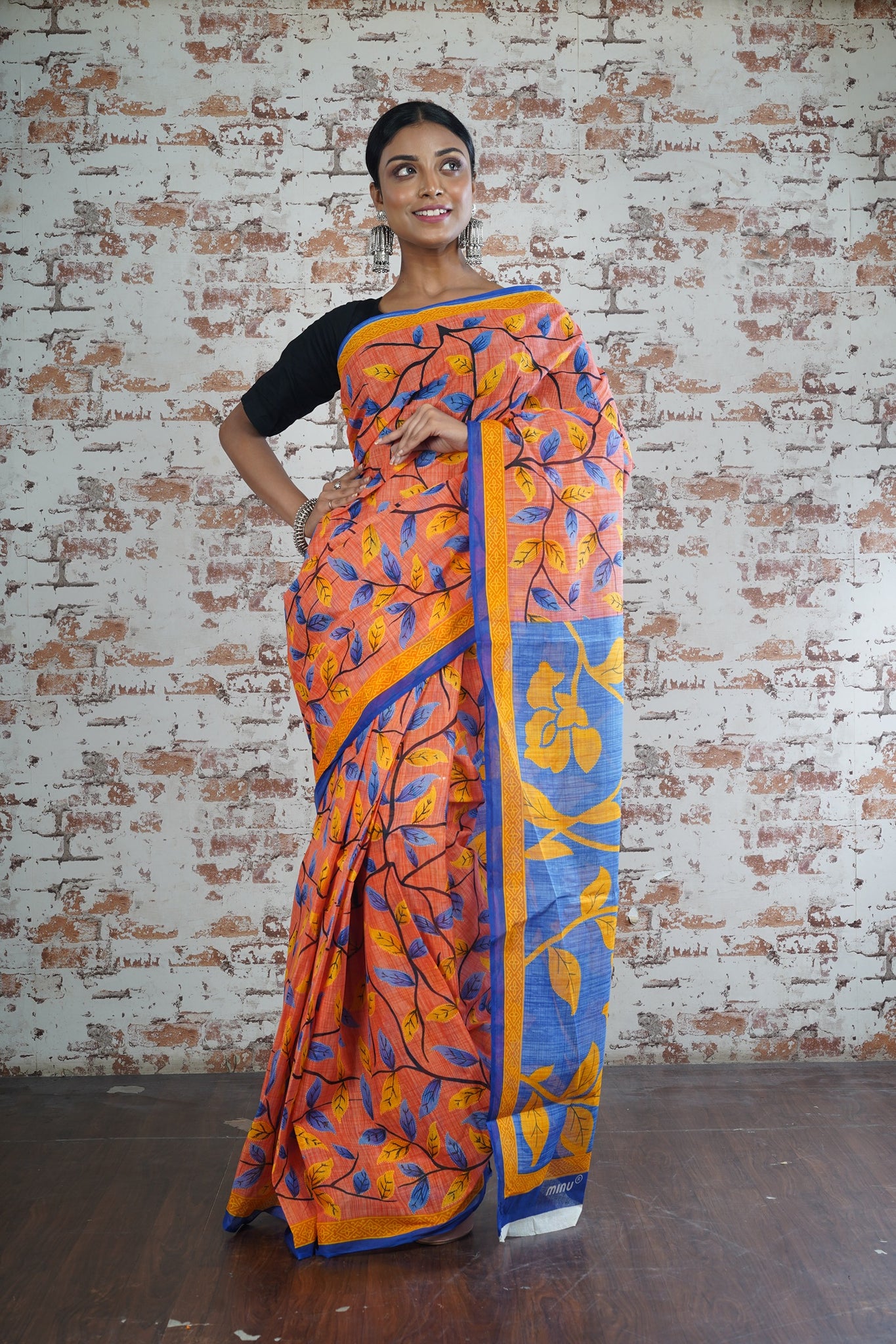 Orange and Blue Cotton Saree with Leaves in Design