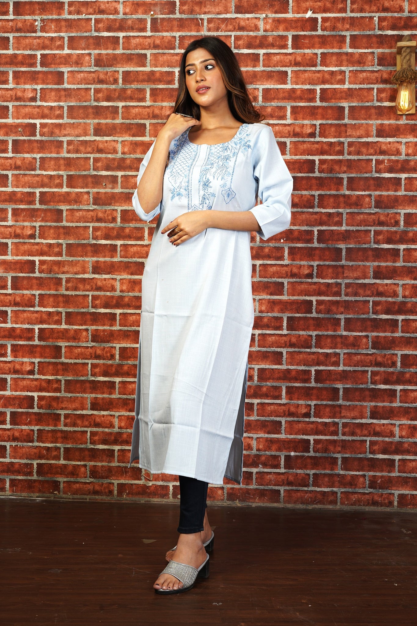 Sky Blue Color Long Embroidered Kurti