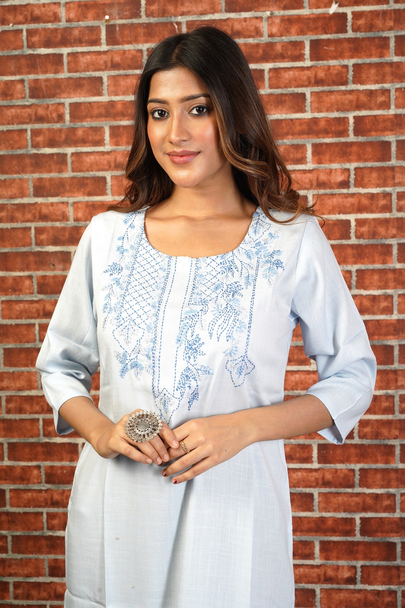 Sky Blue Color Long Embroidered Kurti