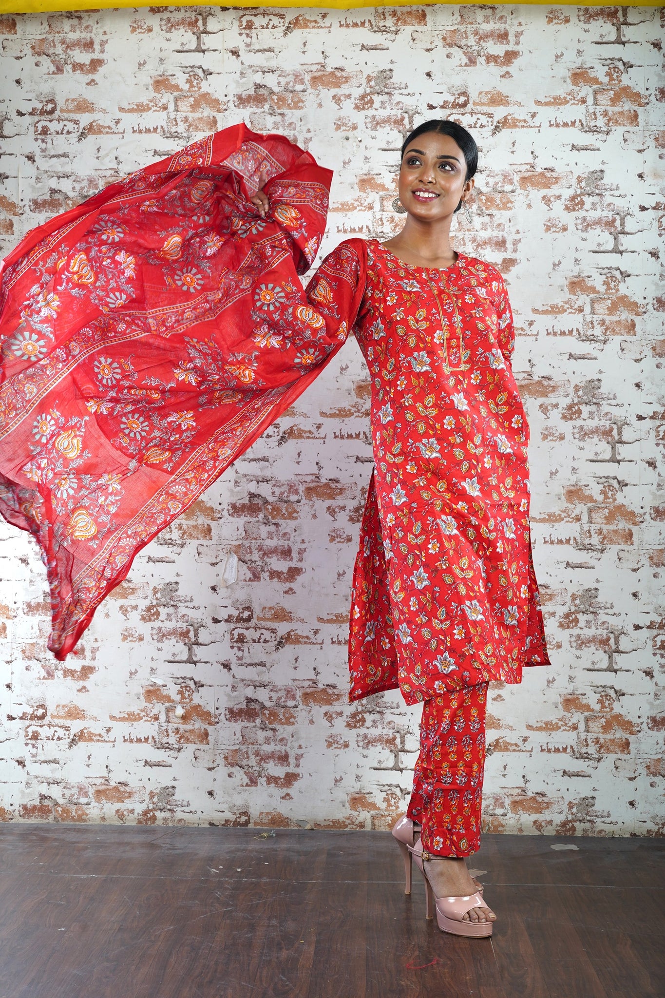 Red Color Gota Work Kurti with Pant and Dupatta with Intricate Pattern