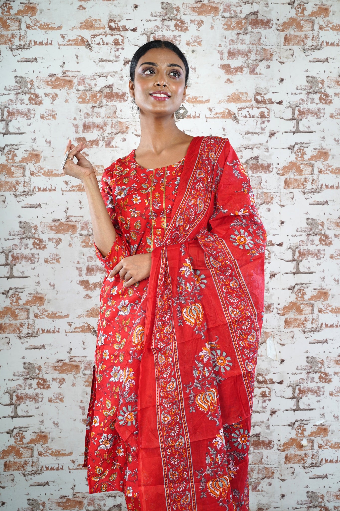Red Color Gota Work Kurti with Pant and Dupatta with Intricate Pattern