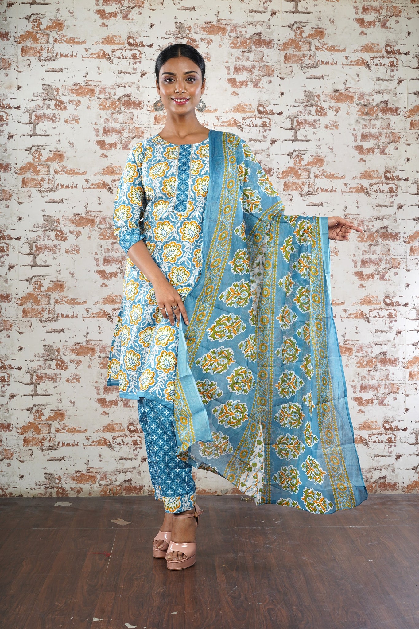 Sky Blue Color Gota Work Kurti with Pant and Dupatta with Beautiful Pattern