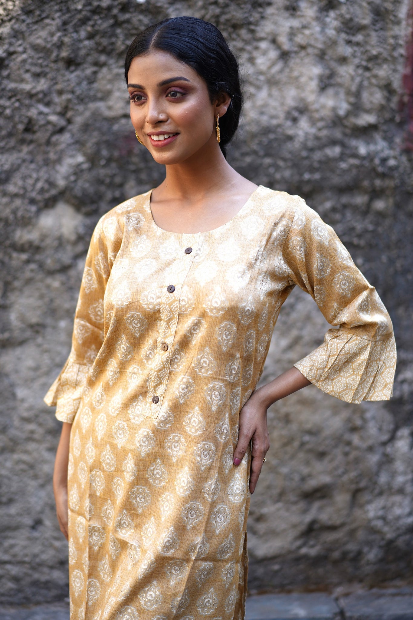 Beige Color Long Kurti with Sharara Pant and Leafy Design